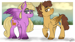 Size: 1024x580 | Tagged: safe, artist:millefaller, derpibooru import, pegasus, pony, crossover, dipper pines, duo, female, grass, gravity falls, makeup, male, mare, pacifica northwest, ponified, raised hoof, raised leg, signature, stallion, two toned wings, unshorn fetlocks, wings