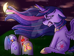 Size: 1024x778 | Tagged: safe, artist:millefaller, derpibooru import, princess twilight 2.0, twilight sparkle, twilight sparkle (alicorn), alicorn, pony, the last problem, cloud, crescent moon, crying, deviantart watermark, ethereal mane, eyes closed, female, gravestone, gritted teeth, immortality blues, mare, moon, obtrusive watermark, older, older twilight, peytral, sitting, starry mane, transparent moon, twilight will outlive her friends, watermark