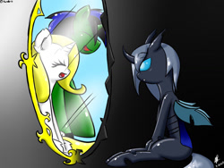 Size: 1024x768 | Tagged: dead source, safe, artist:harthric, derpibooru import, oc, oc:angelic grace (enigmamystere), oc:gel, oc:rhino, changeling, unicorn, disguise, disguised changeling, mirror