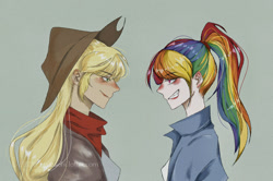 Size: 750x499 | Tagged: artist needed, source needed, safe, derpibooru import, applejack, rainbow dash, human, appledash, applejack's hat, blushing, clothes, cowboy hat, female, grin, hat, humanized, lesbian, looking at each other, ponytail, shipping, smiling