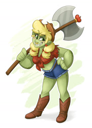 Size: 1024x1414 | Tagged: safe, artist:luximus17, derpibooru import, applejack, human, orc, applejack's hat, axe, barbarian, boots, clothes, cowboy hat, daisy dukes, dungeons and dragons, female, freckles, front knot midriff, half-orc, hat, humanized, midriff, nose piercing, nose ring, orcified, pen and paper rpg, piercing, rpg, shoes, shorts, simple background, solo, weapon, white background