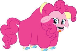 Size: 2512x1681 | Tagged: safe, artist:supersamyoshi, derpibooru import, pinkie pie, yak, cloven hooves, female, looking at you, not salmon, pinkie yak, simple background, solo, species swap, tongue, tongue out, transparent background, wat, yakified