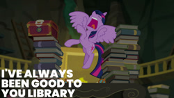 Size: 1280x720 | Tagged: safe, derpibooru import, edit, edited screencap, editor:quoterific, screencap, twilight sparkle, twilight sparkle (alicorn), alicorn, pony, better together, equestria girls, forgotten friendship, book, eyes closed, female, mare, open mouth, solo, spread wings, wings