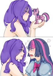 Size: 750x1065 | Tagged: source needed, safe, artist:jiuying409, derpibooru import, rarity, twilight sparkle, alicorn, pony, equestria girls, blushing, exclamation point, eye clipping through hair, eyes closed, female, holding a pony, human coloration, lesbian, open mouth, rarilight, shipping, transformation