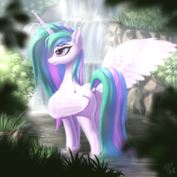 Size: 2560x2560 | Tagged: safe, artist:cherrymocaccino, artist:zuko42, derpibooru import, princess celestia, alicorn, pony, bush, butt, dock, ear fluff, ears, female, forest, grass, mare, plot, pond, rear view, scenery, solo, spread wings, sunbutt, water, waterfall, wet, wet mane, wings