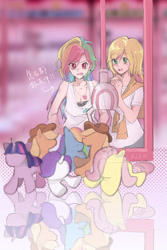 Size: 500x750 | Tagged: safe, artist:saruko, derpibooru import, applejack, fluttershy, rainbow dash, rarity, twilight sparkle, human, appledash, crane game, female, humanized, lesbian, plushie, shipping, toy