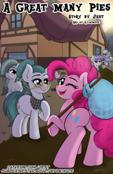 Size: 2310x3570 | Tagged: safe, artist:kyokimute, derpibooru import, cloudy quartz, limestone pie, marble pie, maud pie, pinkie pie, earth pony, comic:a great many pies, blushing, chapter image, comic, cover art, explicit description, explicit source, fimfiction, looking at you, looking back, looking back at you, one eye closed, pie sisters, rock farm, siblings, sisters, wink