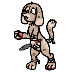 Size: 578x578 | Tagged: safe, alternate version, artist:deathocty, derpibooru import, oc, oc only, oc:cinnamon (dog), diamond dog, fallout equestria, bandage, blood, chains, dirty, female, knife, paws, slave, slave collar, solo, throwing knife