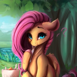 Size: 4000x4000 | Tagged: safe, artist:miokomata, derpibooru import, fluttershy, pegasus, pony, cute, eating, female, food, freckles, freckleshy, hoof hold, looking at you, mare, meat, ponies eating meat, shyabetes, solo