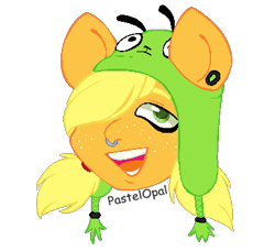 Size: 392x357 | Tagged: safe, artist:pastelopal, derpibooru import, applejack, earth pony, pony, alternate hairstyle, bust, ear piercing, earring, female, freckles, gir, hair over one eye, hat, invader zim, jewelry, mare, nose piercing, nose ring, open mouth, piercing, scene kid, simple background, solo, transparent background