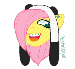 Size: 392x357 | Tagged: safe, artist:pastelopal, derpibooru import, fluttershy, pegasus, pony, alternate hairstyle, braces, bust, ear piercing, earring, female, hair over one eye, hat, jewelry, mare, open mouth, piercing, scene kid, simple background, solo, transparent background