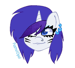 Size: 392x357 | Tagged: safe, artist:pastelopal, derpibooru import, rarity, pony, unicorn, alternate hairstyle, bust, ear piercing, earring, eyeshadow, face paint, female, jewelry, makeup, mare, nose piercing, piercing, scene kid, simple background, solo, transparent background