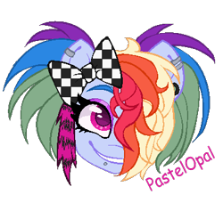 Size: 392x357 | Tagged: safe, artist:pastelopal, derpibooru import, rainbow dash, pegasus, pony, alternate hairstyle, bow, bust, ear piercing, earring, eyeshadow, female, grin, hair bow, hair over one eye, jewelry, makeup, mare, piercing, scene kid, simple background, smiling, snake bites, solo, transparent background