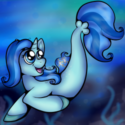 Size: 1000x1000 | Tagged: safe, artist:fishiewishes, derpibooru import, oc, oc only, pony, seapony (g4), unicorn, blue eyes, blue mane, bubble, dorsal fin, fins, fish tail, flowing tail, horn, looking up, ocean, open mouth, open smile, seaponified, seaweed, smiling, solo, species swap, swimming, tail, underwater, water