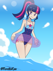 Size: 1000x1337 | Tagged: safe, artist:ferettokun, derpibooru import, sci-twi, twilight sparkle, better together, equestria girls, forgotten friendship, bare shoulders, beach, blushing, clothes, inner tube, sci-twi swimsuit, sleeveless, solo, swimsuit, wide hips