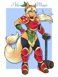 Size: 1800x2400 | Tagged: safe, artist:ambris, derpibooru import, applejack, anthro, unguligrade anthro, adventuring is magic, applejacked, armor, colored pupils, fantasy class, female, freckles, hammer, knight, looking at you, multiple variants, muscles, muscular female, paladin, redraw, smiling, solo, war hammer, warrior, weapon