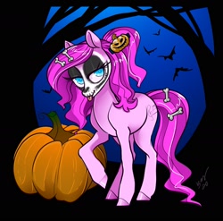 Size: 1979x1958 | Tagged: safe, artist:opalacorn, derpibooru import, oc, oc only, oc:violet ray, bat, earth pony, pony, bedroom eyes, bone, commission, cutie mark, eyeshadow, forest, hairclip, makeup, night, pumpkin, tongue, tongue out