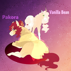 Size: 1280x1280 | Tagged: safe, artist:inisealga, derpibooru import, oc, oc only, oc:pakora, oc:vanilla bean, earth pony, unicorn, abstract background, coat markings, duo, magical lesbian spawn, next generation, nextgen:inisverse, offspring, parent:applejack, parent:saffron masala, parents:applemasala