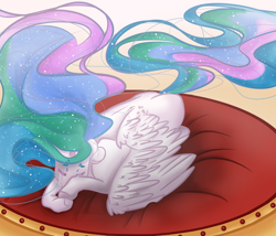 Size: 1400x1200 | Tagged: safe, artist:xxfrancydonxx, derpibooru import, princess celestia, alicorn, crying, ethereal mane, ethereal tail, missing accessory, pillow, solo