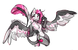 Size: 1320x843 | Tagged: safe, artist:lunaraesthetic, derpibooru import, oc, oc only, oc:cherry feather, anthro, hippogriff, barbie doll anatomy, chest fluff, female, leonine tail, looking away, pale belly, solo, spread wings, tail fluff, white belly, wings
