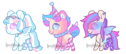 Size: 930x400 | Tagged: safe, artist:lavvythejackalope, derpibooru import, oc, oc only, bat pony, pegasus, pony, unicorn, base used, bat pony oc, bat wings, hat, horn, multicolored hair, party hat, pegasus oc, rainbow hair, simple background, smiling, transparent background, unicorn oc, visor, wings