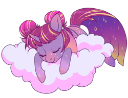 Size: 1300x1000 | Tagged: safe, artist:lavvythejackalope, derpibooru import, oc, oc only, pony, unicorn, cloud, commission, ethereal mane, female, horn, mare, on a cloud, simple background, smiling, solo, starry mane, transparent background, unicorn oc, ych result