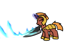 Size: 656x496 | Tagged: safe, artist:neuro, oc, oc only, pony, unicorn, armor, bleach (manga), eyes closed, female, fire, guardsmare, helmet, hoof shoes, horn, magic, mare, royal guard, simple background, smiling, solo, sword, telekinesis, transparent background, unicorn oc, weapon, zangetsu