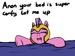 Size: 671x498 | Tagged: safe, artist:neuro, oc, oc only, earth pony, pony, animated, armor, bed, dialogue, eyes closed, female, gif, guardsmare, helmet, mare, open mouth, royal guard, simple background, solo, transparent background, underhoof