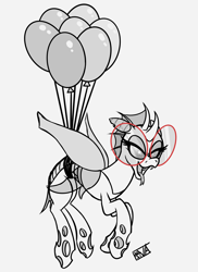 Size: 4000x5500 | Tagged: safe, artist:evan555alpha, ponybooru exclusive, oc, oc only, oc:yvette (evan555alpha), changeling, evan's daily buggo, balloon, changeling oc, cute, dangling, dorsal fin, droopy, elytra, fangs, female, floating, flying, forked tongue, glasses, lidded eyes, long tongue, looking down, ocbetes, open mouth, partial color, raised hoof, raised leg, round glasses, scrunchy face, signature, simple background, sketch, smug, solo, spread wings, then watch her balloons lift her up to the sky, tongue, tongue out, white background