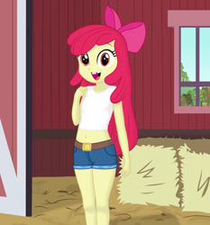 Size: 5598x6000 | Tagged: safe, artist:dtavs.exe, apple bloom, equestria girls, barn, denim shorts, hay, midriff, missing teeth, show accurate, solo