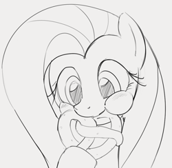 Size: 836x816 | Tagged: safe, artist:dotkwa, derpibooru import, fluttershy, pegasus, pony, aweeg*, blushing, bust, cute, eating, female, food, gray background, grayscale, mare, monochrome, pretzel, puffy cheeks, shyabetes, simple background, sketch, solo