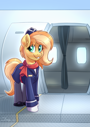 Size: 2480x3508 | Tagged: safe, artist:dandy, derpibooru import, oc, oc only, oc:fruitlines, earth pony, pony, clothes, ear fluff, ears, female, flight attendant, hat, looking at you, mare, name tag, plane, scarf, smiling, smiling at you, solo, stewardess, stockings, thigh highs, uniform