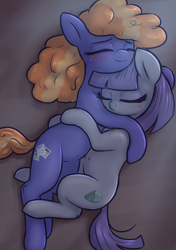 Size: 2110x3000 | Tagged: safe, artist:t72b, derpibooru import, frazzle rock, maud pie, earth pony, pony, blushing, cuddling, eyes closed, female, frazzlemaud, hug, lesbian, lying down, mare, maudrock, missing accessory, on side, shipping, sleeping, smiling, snuggling