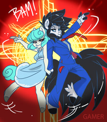 Size: 795x900 | Tagged: safe, artist:thegamercolt, derpibooru import, oc, oc:nurse nimble, oc:thegamercolt, anthro, earth pony, pegasus, artic earth pony, blue suit, clothes, dress, epic background, hyper tail, prom, prom night, ready for dance, red neck tie