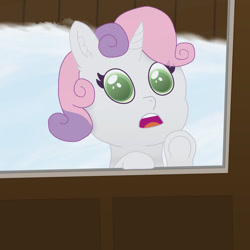 Size: 1280x1280 | Tagged: safe, artist:eminent entropy, derpibooru import, sweetie belle, pony, unicorn, door, fence, glass, hooves, looking at you, snow, solo