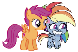 Size: 1788x1208 | Tagged: artist needed, safe, derpibooru import, rainbow dash, scootaloo, pegasus, pony, little miss fortune, my little pony: pony life, on your marks, spoiler:pony life s02e20, background removed, bean mouth, calarts, chibi, duo, duo female, female, filly, grin, mare, simple background, smiling, transparent background