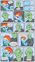 Size: 1000x1750 | Tagged: safe, artist:redruin01, color edit, derpibooru exclusive, derpibooru import, edit, editor:maonyman, rainbow dash, oc, oc:anon, human, pegasus, pony, bench, blushing, clothes, colored, comic, cuddling, dialogue, female, hearth's warming, holding a pony, lowres, lying down, male, outdoors, sitting, speech bubble, tsundere