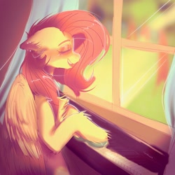 Size: 2048x2048 | Tagged: safe, artist:yumkandie, derpibooru import, fluttershy, pegasus, pony, cute, daaaaaaaaaaaw, female, fluffy, musical instrument, piano, shyabetes, singing, sketch, window