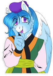 Size: 1898x2702 | Tagged: safe, artist:inisealga, derpibooru import, oc, oc only, anthro, pegasus, clothes, commission, cosplay, costume, female, mare, pegasus oc, simple background, solo, sticker, tenchi muyo, transparent background