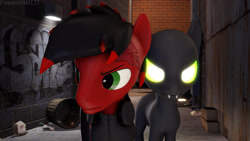 Size: 3840x2160 | Tagged: safe, artist:fireemerald123, derpibooru import, oc, oc only, oc:page feather, oc:the voice, pegasus, pony, 3d, alleyway, glowing eyes, graffiti, looking sideways, source filmmaker, void entity, void punk, watermark