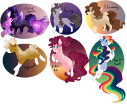 Size: 1280x1062 | Tagged: safe, artist:inisealga, derpibooru import, applejack, fluttershy, pinkie pie, rainbow dash, rarity, twilight sparkle, twilight sparkle (alicorn), alicorn, pegasus, unicorn, chibi, coat markings, ethereal mane, galaxy mane, redesign, simple background, transparent background