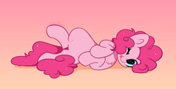 Size: 5023x2557 | Tagged: safe, artist:kittyrosie, derpibooru import, pinkie pie, earth pony, pony, ;p, blushing, chest fluff, cute, diapinkes, female, looking at you, lying, mare, one eye closed, simple background, smiling, smiling at you, solo, tongue, tongue out, wink, winking at you