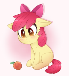 Size: 1560x1700 | Tagged: safe, artist:higglytownhero, derpibooru import, edit, apple bloom, earth pony, pony, adorabloom, blank flank, blushing, cute, ears, female, filly, floppy ears, food, looking at something, peach, sitting, solo