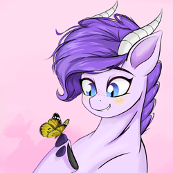 Size: 4096x4096 | Tagged: safe, artist:xxpaw2001xx, derpibooru import, oc, oc only, oc:crystal clarity, butterfly, dracony, hybrid, blushing, female, horns, interspecies offspring, kilalaverse, looking at something, offspring, parent:rarity, parent:spike, parents:sparity, pink background, simple background, slit eyes, solo