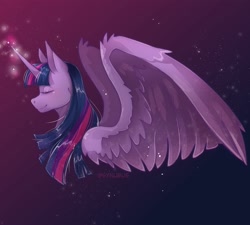 Size: 3000x2700 | Tagged: safe, artist:synubus, derpibooru import, twilight sparkle, twilight sparkle (alicorn), alicorn, pony, cute, eyes closed, female, glowing horn, gradient background, high res, horn, large wings, mare, profile, solo, twiabetes, wing fluff, wings