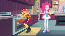 Size: 3410x1920 | Tagged: safe, derpibooru import, screencap, pinkie pie, sunset shimmer, better together, equestria girls, holidays unwrapped, apron, clothes, cutie mark, cutie mark on clothes, eyes closed, female, food, geode of empathy, jacket, jewelry, leather, leather jacket, magical geodes, necklace, open mouth, saving pinkie's pie, souffle, tanktop