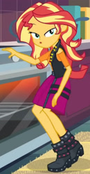 Size: 1920x3690 | Tagged: safe, derpibooru import, screencap, sunset shimmer, better together, equestria girls, holidays unwrapped, clothes, cropped, cutie mark, cutie mark on clothes, female, geode of empathy, jacket, jewelry, leather, leather jacket, magical geodes, necklace, open mouth, saving pinkie's pie, solo