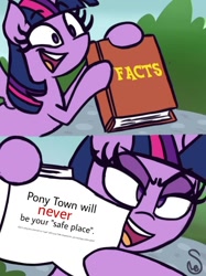 Size: 768x1026 | Tagged: safe, artist:quarium edits, derpibooru import, edit, twilight sparkle, twilight sparkle (alicorn), alicorn, pony, book, exploitable meme, female, image macro, it's ok op you tried, meme, pony town, smiling, solo, twilight's fact book