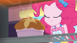 Size: 3410x1920 | Tagged: safe, derpibooru import, screencap, pinkie pie, better together, equestria girls, holidays unwrapped, apron, clothes, eyes closed, female, food, saving pinkie's pie, smiling, solo, souffle, tanktop