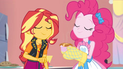 Size: 3410x1920 | Tagged: safe, derpibooru import, screencap, pinkie pie, sunset shimmer, better together, equestria girls, holidays unwrapped, apron, clothes, eyes closed, female, food, geode of empathy, jacket, jewelry, leather, leather jacket, magical geodes, necklace, saving pinkie's pie, smiling, souffle, tanktop